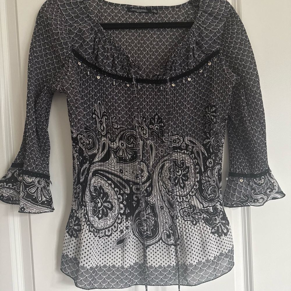 Vintage Notations Black and White Paisley Tie Neck Sequin Tunic Blouse
